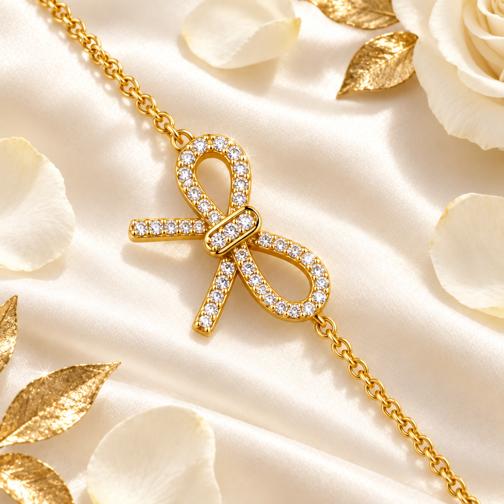 Bracelet nœud doré zircon sur soie blanche, ambiance luxe Kylara