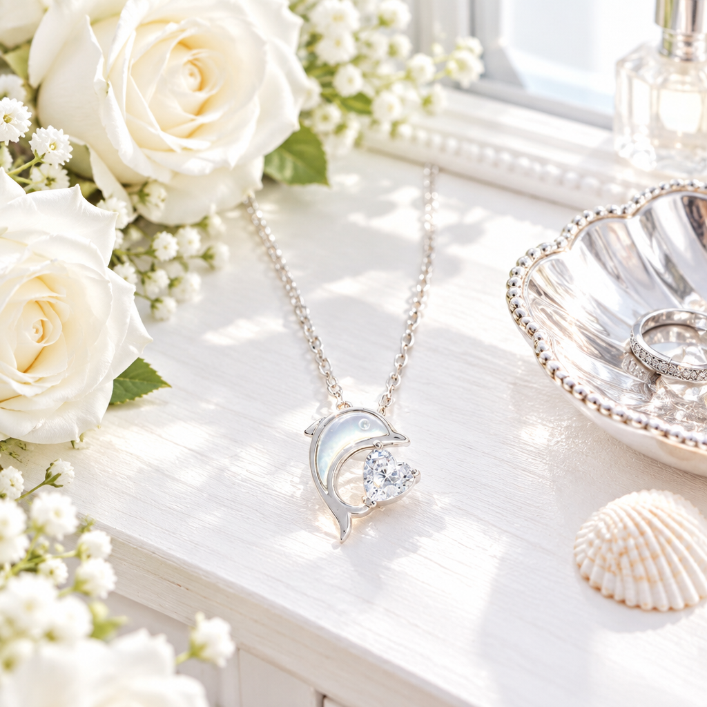 Collier dauphin argent en scène lifestyle lumineuse – coiffeuse blanche, Kylara