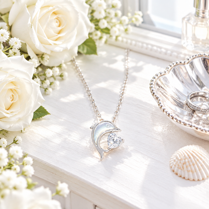 Collier dauphin argent en scène lifestyle lumineuse – coiffeuse blanche, Kylara