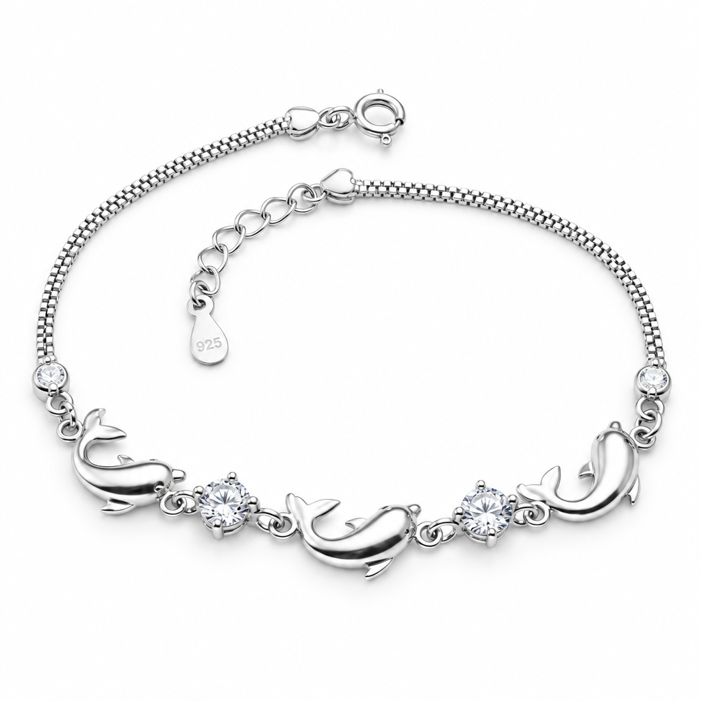 Bracelet dauphin argent pierres blanches zircon, packshot fond blanc – variante white, Kylara