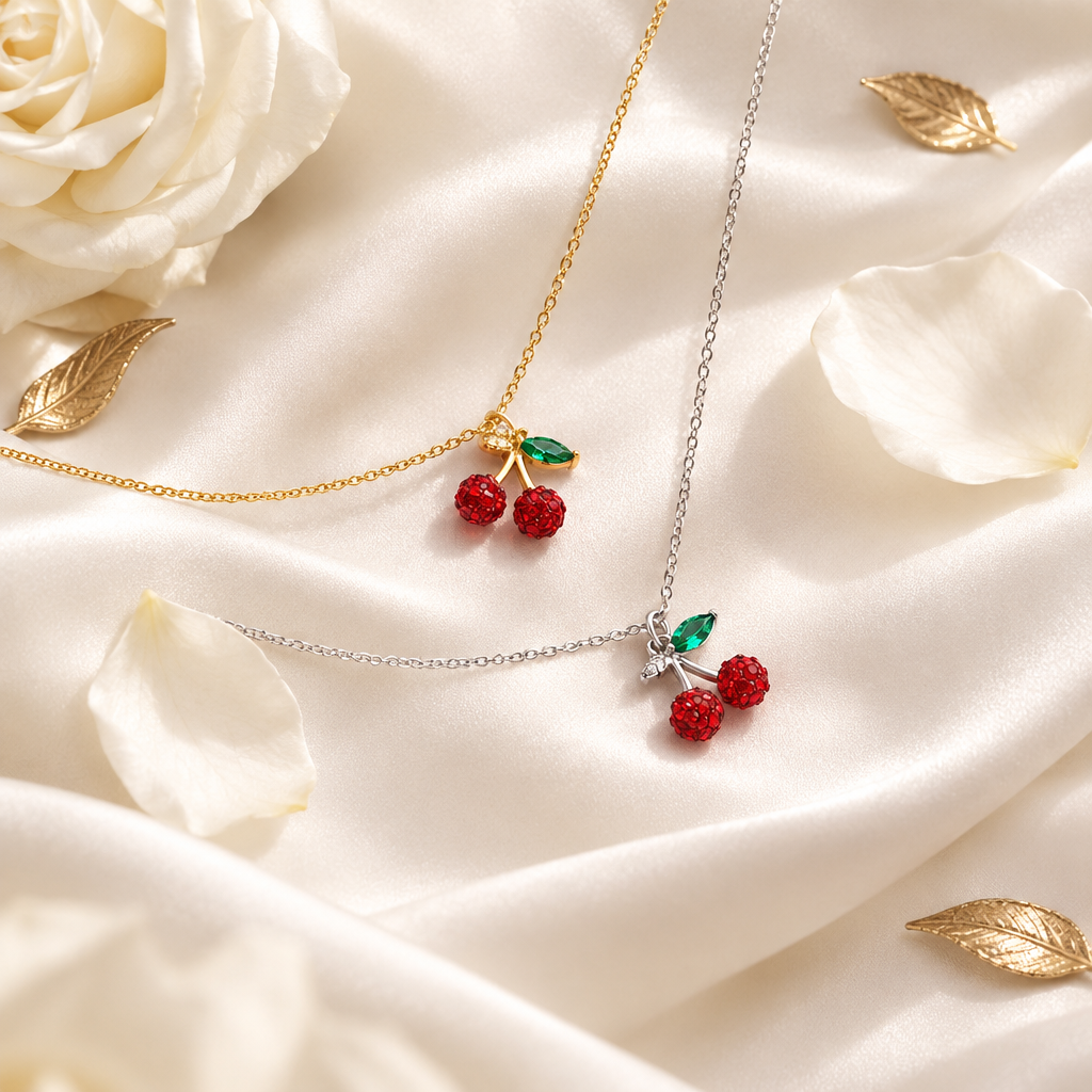Collier cerise argent 925 cristaux rouges sur soie blanche et accents dorés, ambiance luxe Kylara