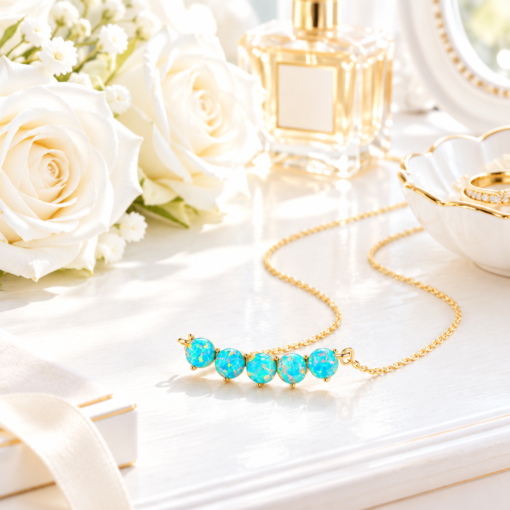Collier opale turquoise or en scène lifestyle lumineuse – coiffeuse blanche, roses blanches, style chic Kylara