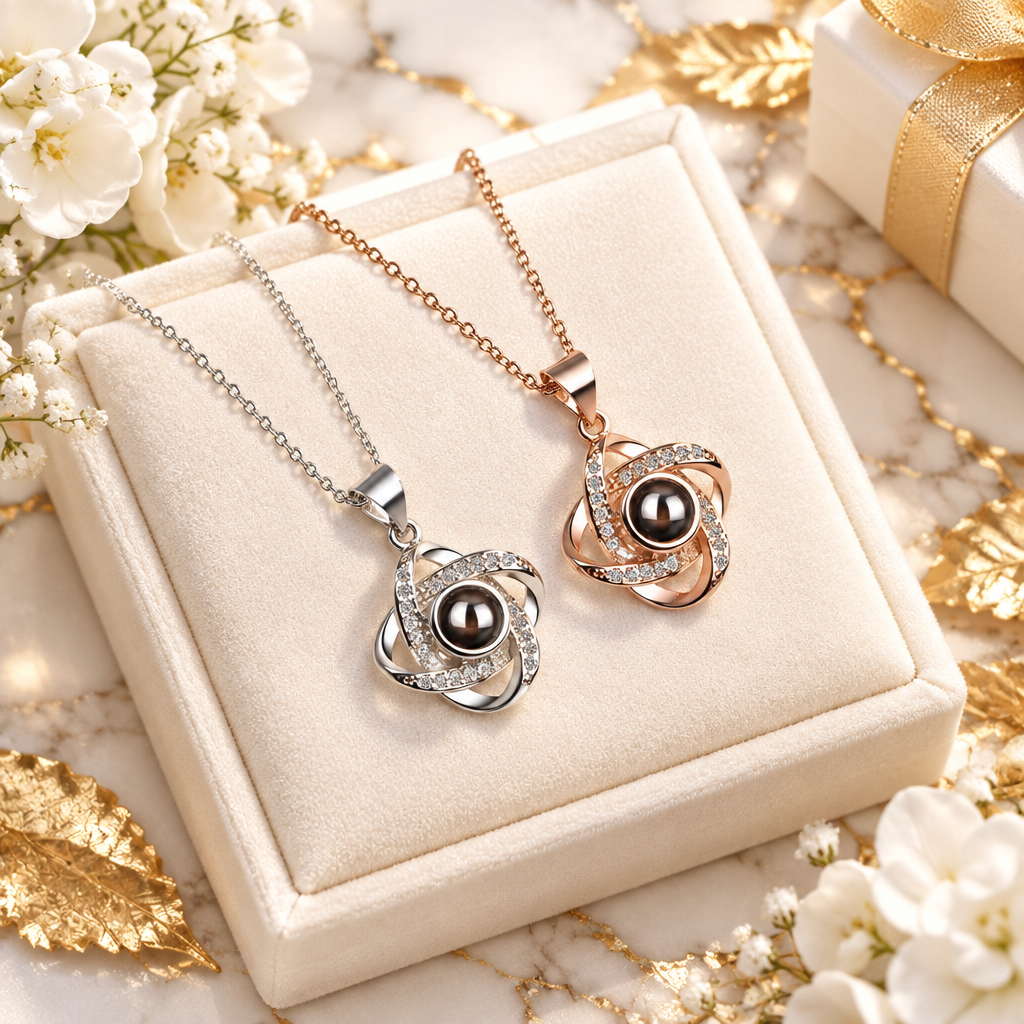 Collier projection trèfle argent S925 sur écrin ivoire et marbre doré, ambiance cadeau haut de gamme Kylara