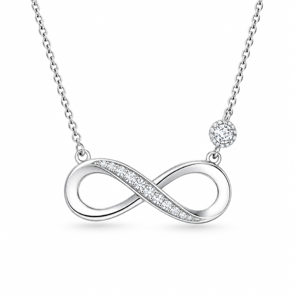 Packshot collier infini argent diamants fond blanc